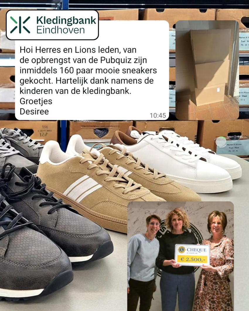 Nieuwe sneakers voor De Kledingbank, met het bericht van De Kledingbank en de cheque